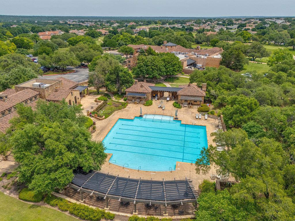 Cimarron Hills resort pool aerial with clubhouse